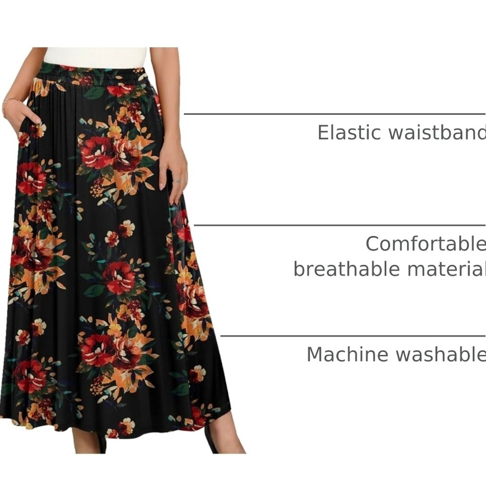 Floral Maxi Skirt Black Rose Print Elastic Waist Pockets Size L US 12-14 Boho - Picture 2 of 6